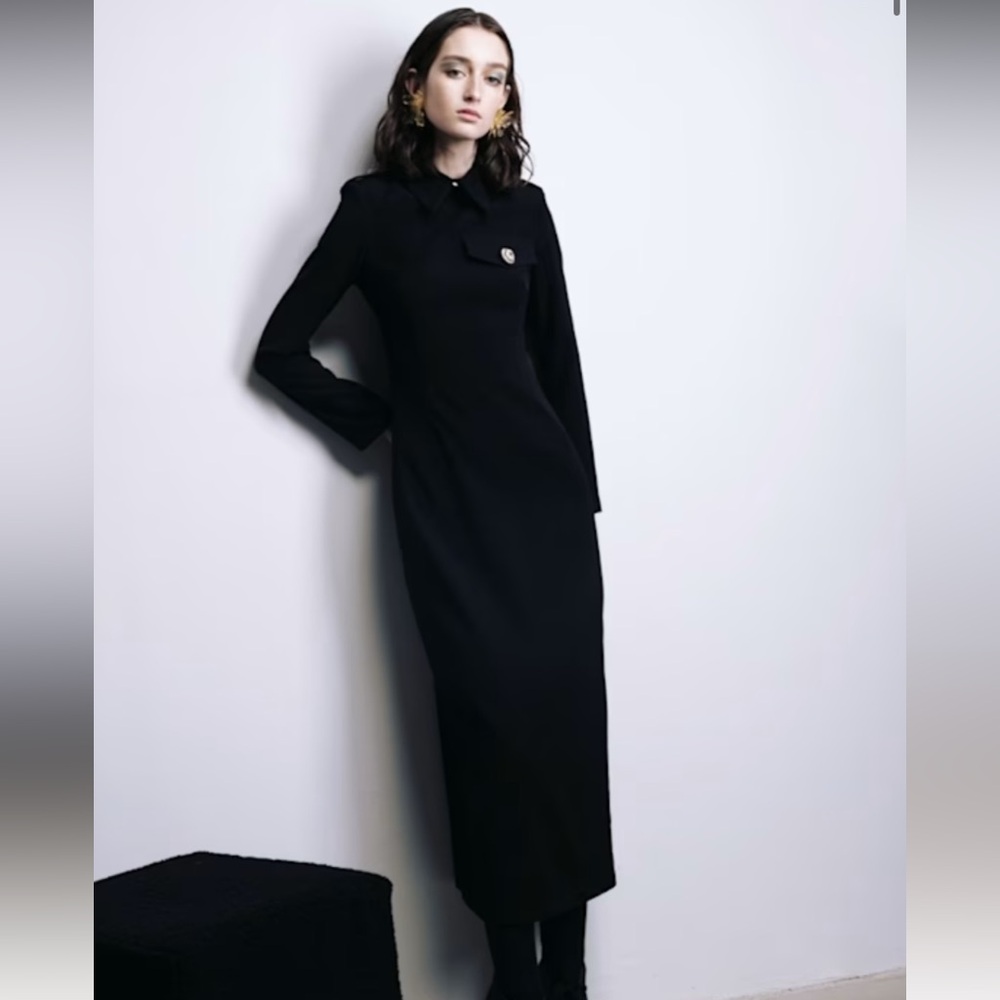 BNWT Fitted Long Sleeve Dress With Stand-Up Collar - Black - Picture 4 of 5